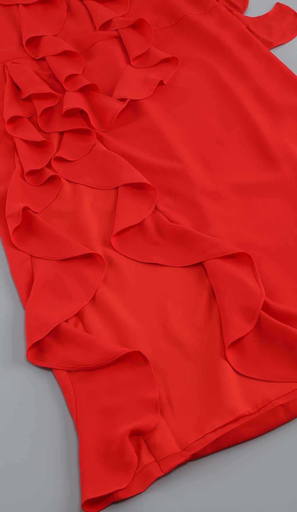 Haven Strapless Ruffle Slit Midi Dress In Red