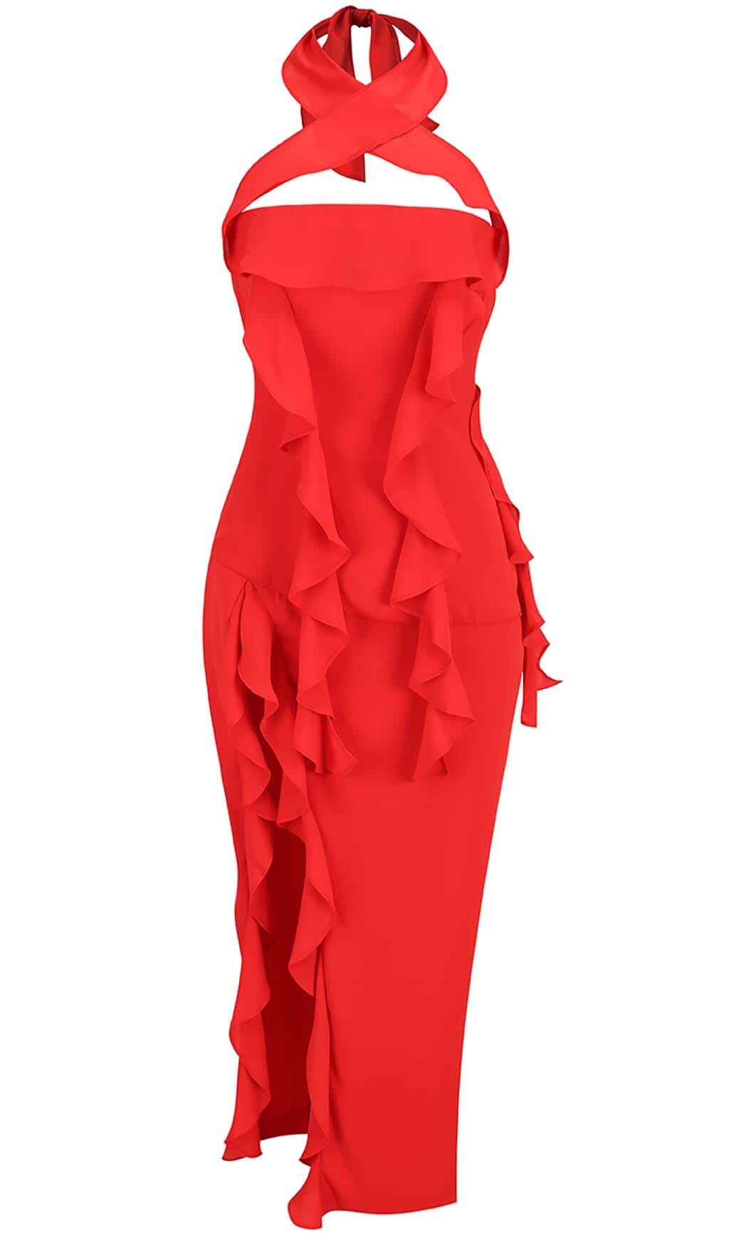 Haven Strapless Ruffle Slit Midi Dress In Red