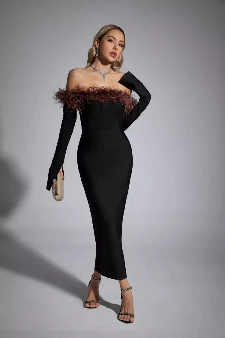 Stella Black Feather Long Sleeve Dress Night Novas Stella Black Feather Long Sleeve Dress Night Novas