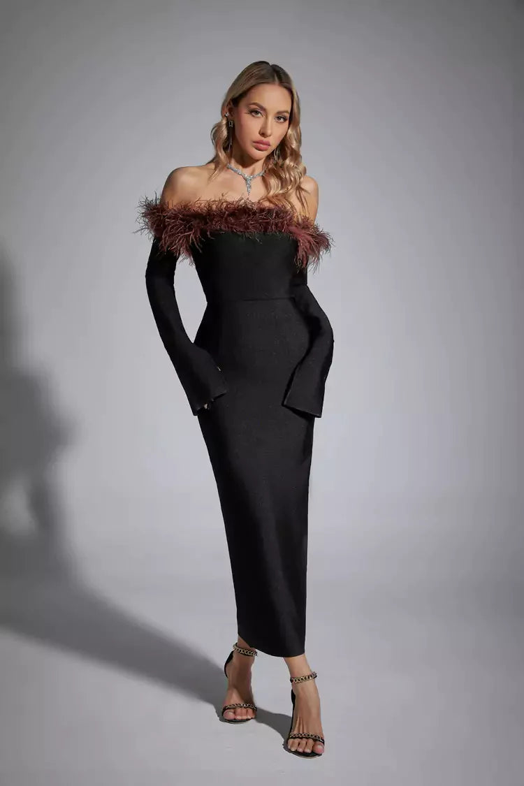 Stella Black Feather Long Sleeve Dress