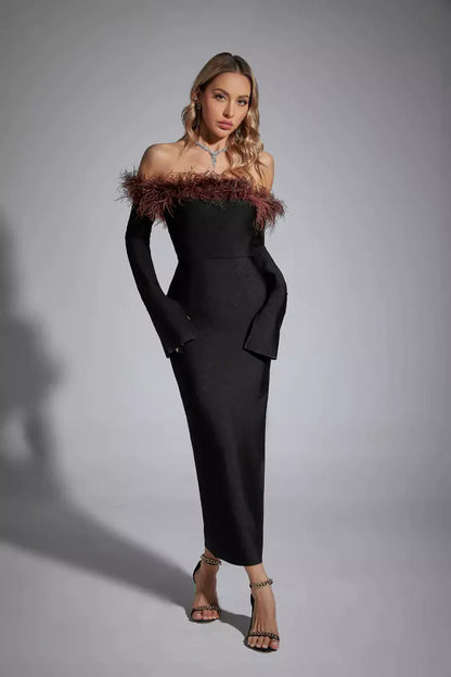 Stella Black Feather Long Sleeve Dress