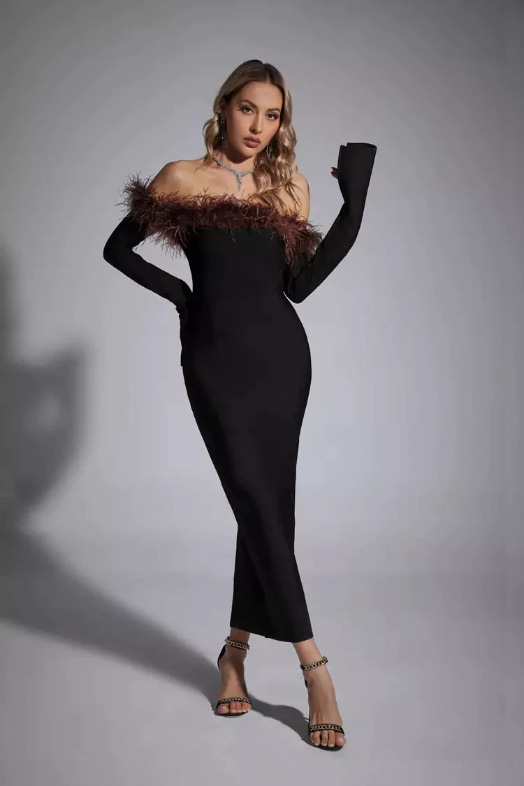 Stella Black Feather Long Sleeve Dress