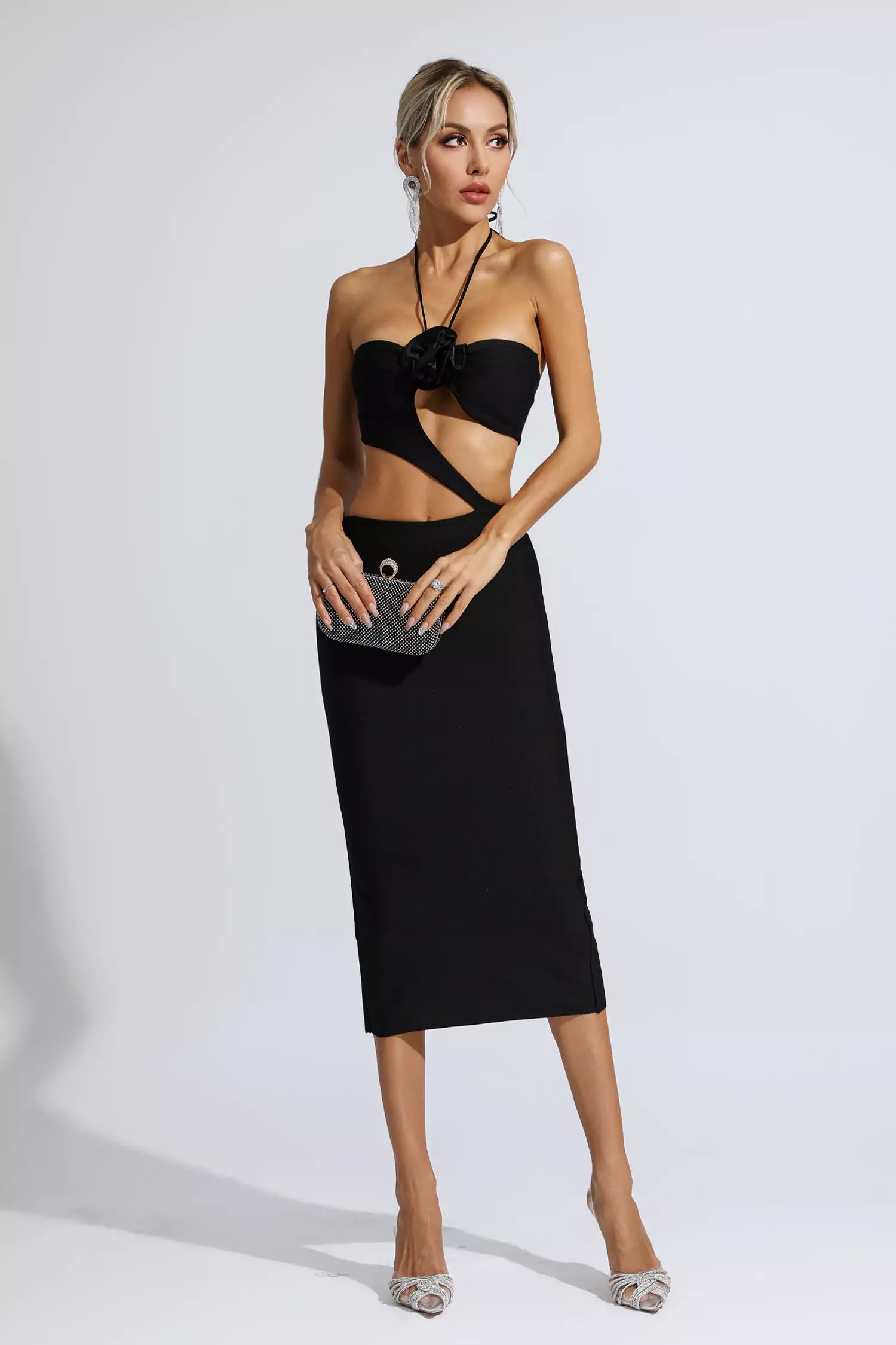 Vlafa Floral Cutout Midi Dress In Black