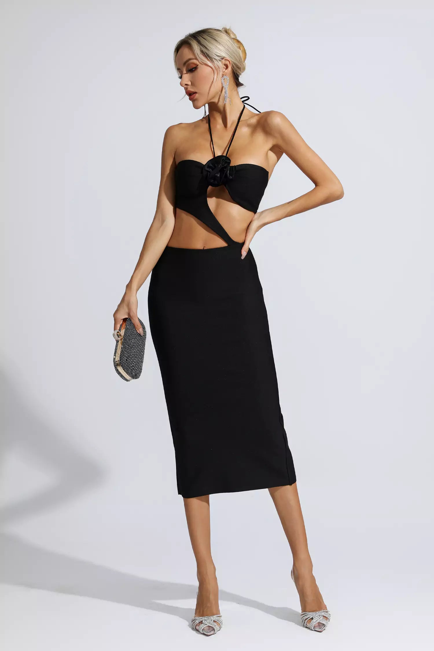 Vlafa Floral Cutout Midi Dress In Black