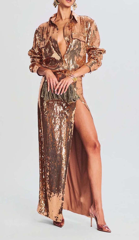 Tinley Thigh Slit Glitter Maxi Dress In Metallic Gold