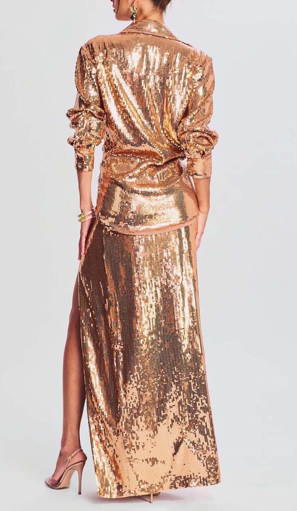 Tinley Thigh Slit Glitter Maxi Dress In Metallic Gold