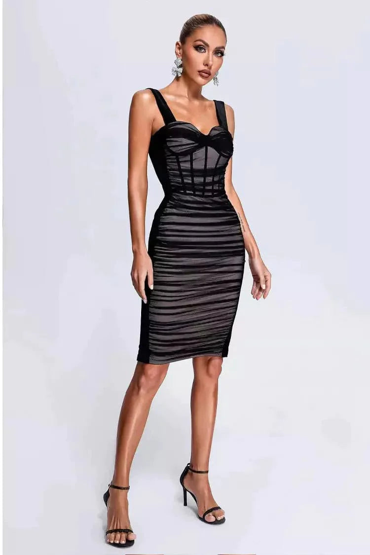 Cornelia Black Mesh Velvet Midi Dress