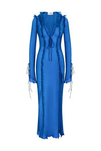 Fuffy Long Sleeve Mesh Split Maxi Dress In Blue
