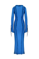 Fuffy Long Sleeve Mesh Split Maxi Dress In Blue