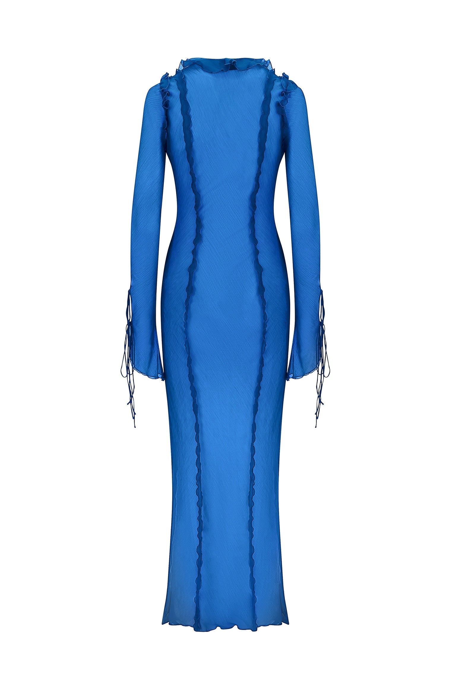 Fuffy Long Sleeve Mesh Split Maxi Dress In Blue