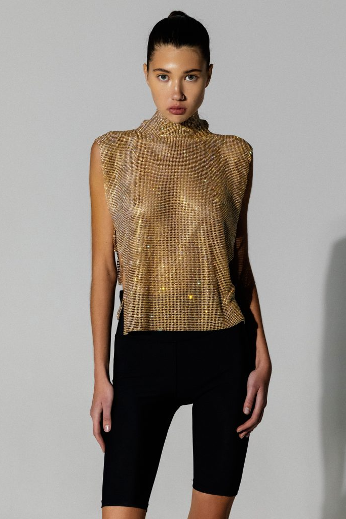Nava Split Chain Chainmail Top In Gold