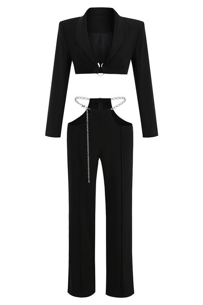 Conry Plunge Chain Cutout Blazer Set In Black