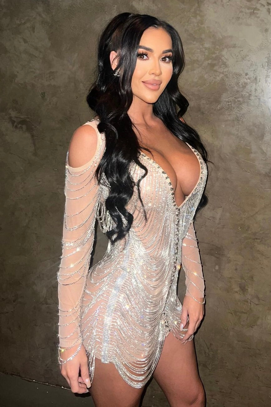 Insley Plunge Mesh Tassel Mini Dress